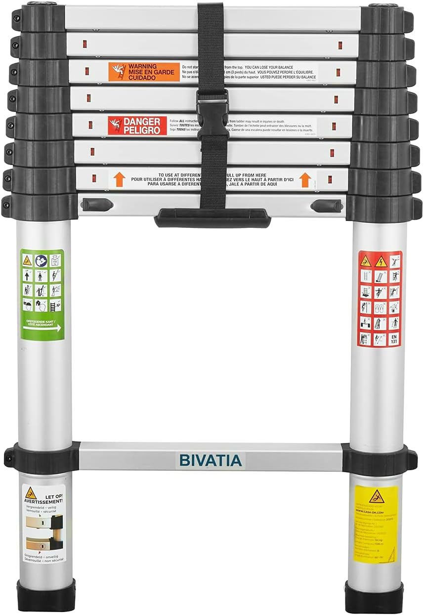 Bivatia 8.5 Ft Smartsafe Aluminum Telescoping Ladder: Telescopic Extension Ladder Retraction Collapsible Ladder Portable Folding Lightweight Ladder Type 1A with 12 ft Max Reach