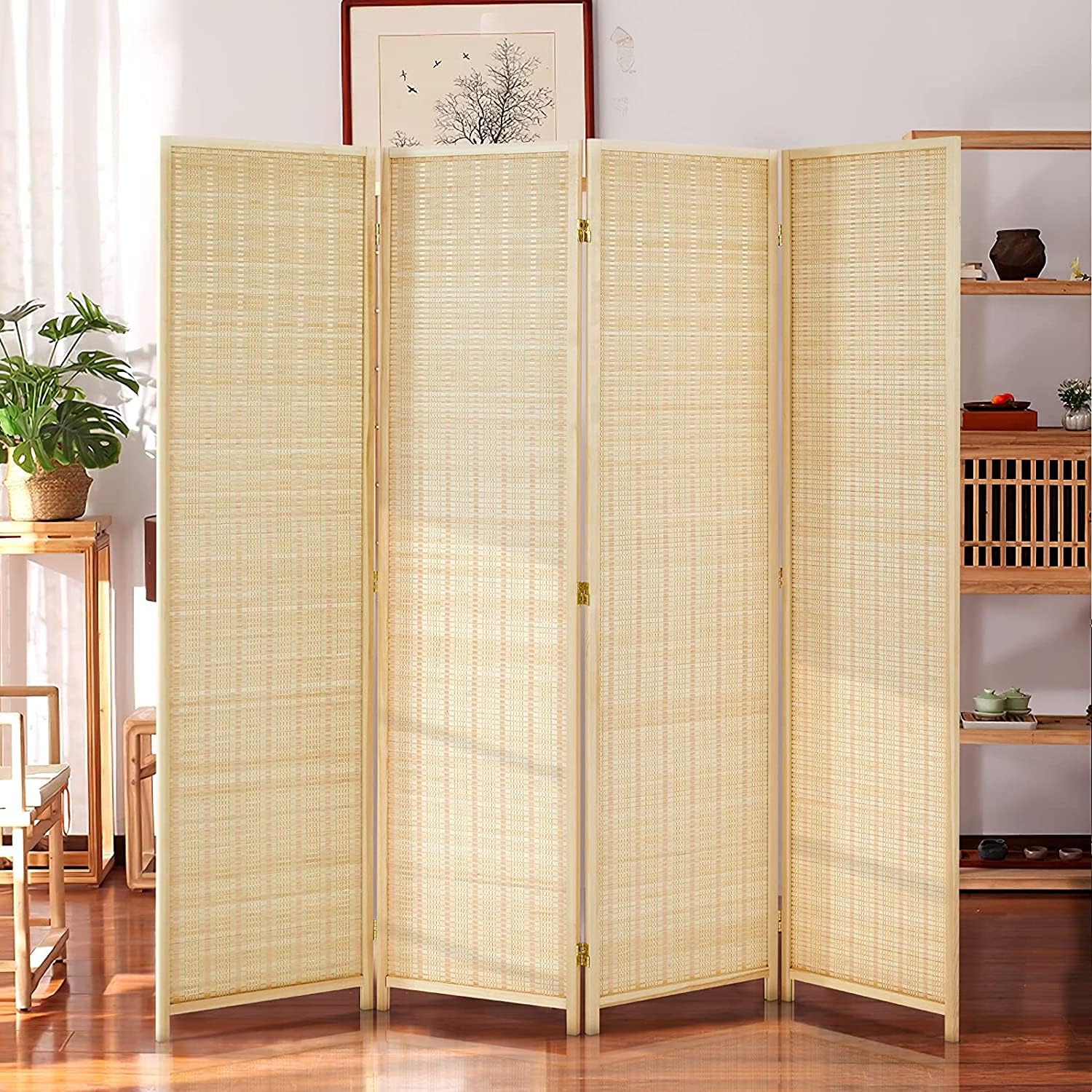 Jolydale Privacy Bamboo Screen,6Ft Space Separator, Free-Standing Room partition, Folding Wall Divider, Double Hinged, Privacy Partition 6 Screen Panel, Yellow