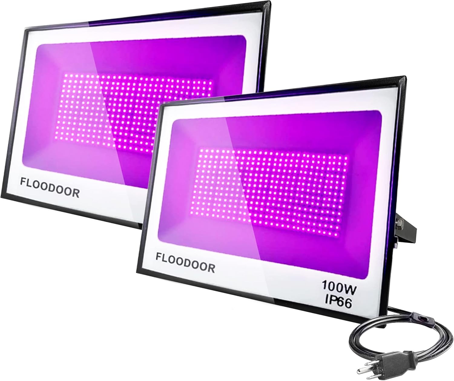 Floodoor 100W LED Black Lights，IP66 Waterproof Blacklight Flood Light with Plug for Indoor and Outdoor Blacklight Party，Halloween,Body Paint,Neon Glow,Aquarium,Glow in The Dark Curing.（2 Pack）