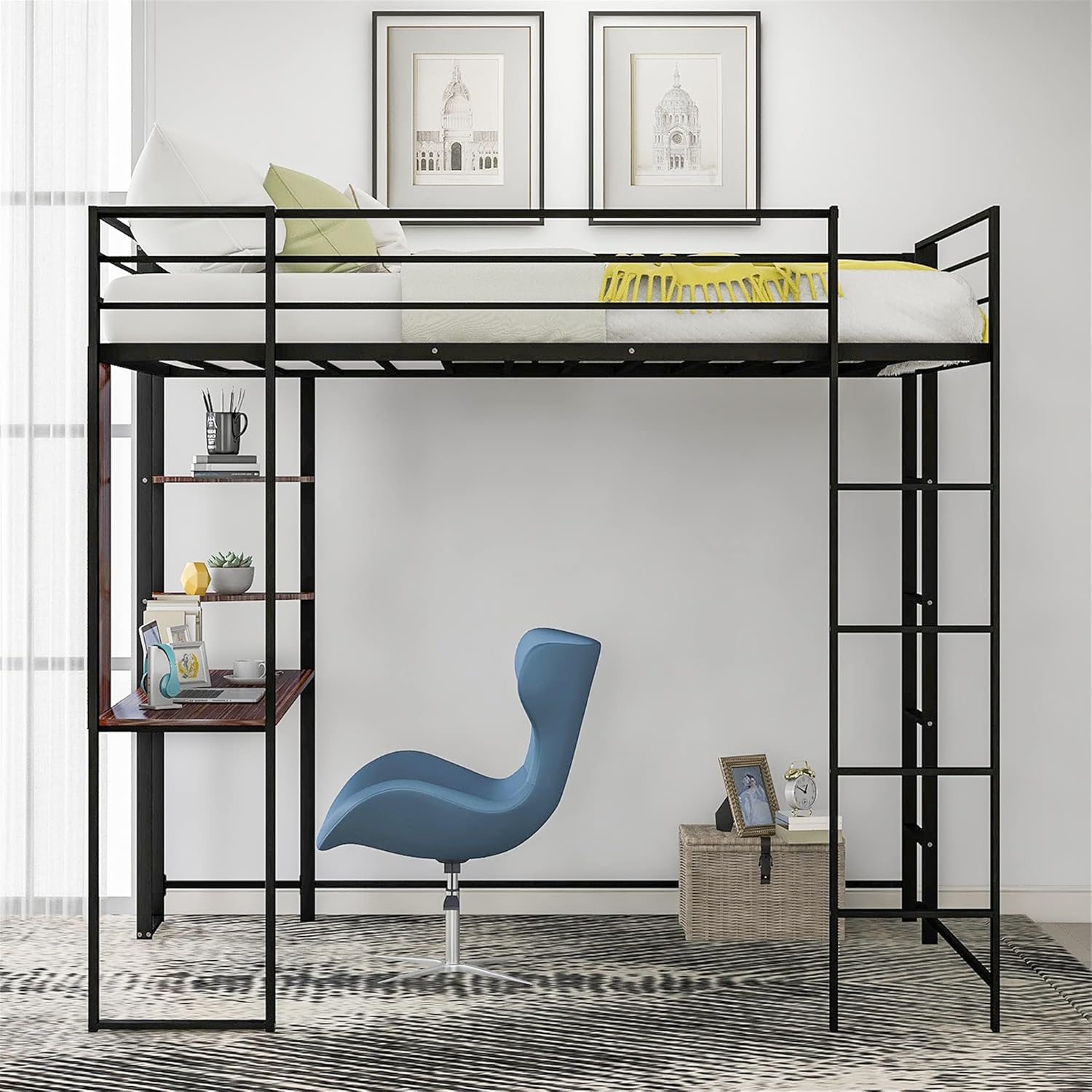 Twin Size Loft Bed with Desk ,Metal Loft Bed with Desk and Shelves , Space Saving Twin Loft Bed with Desk and Hanging Rod Underneath for Kids ,Teens ,Black