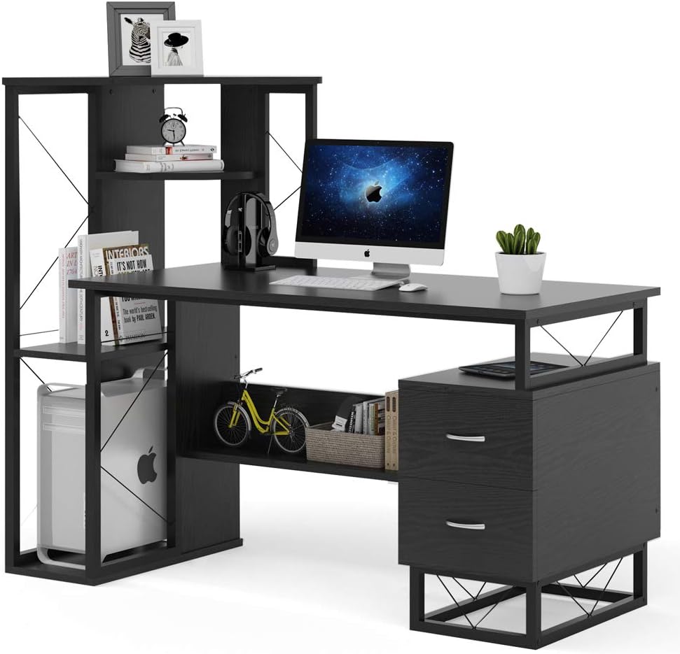 Tribesigns Computer Desk with Drawers, Functional Writing Desk with Corner Tower Shelves Works as Home Office Compact Workstation Desk for Small Space(All Black)