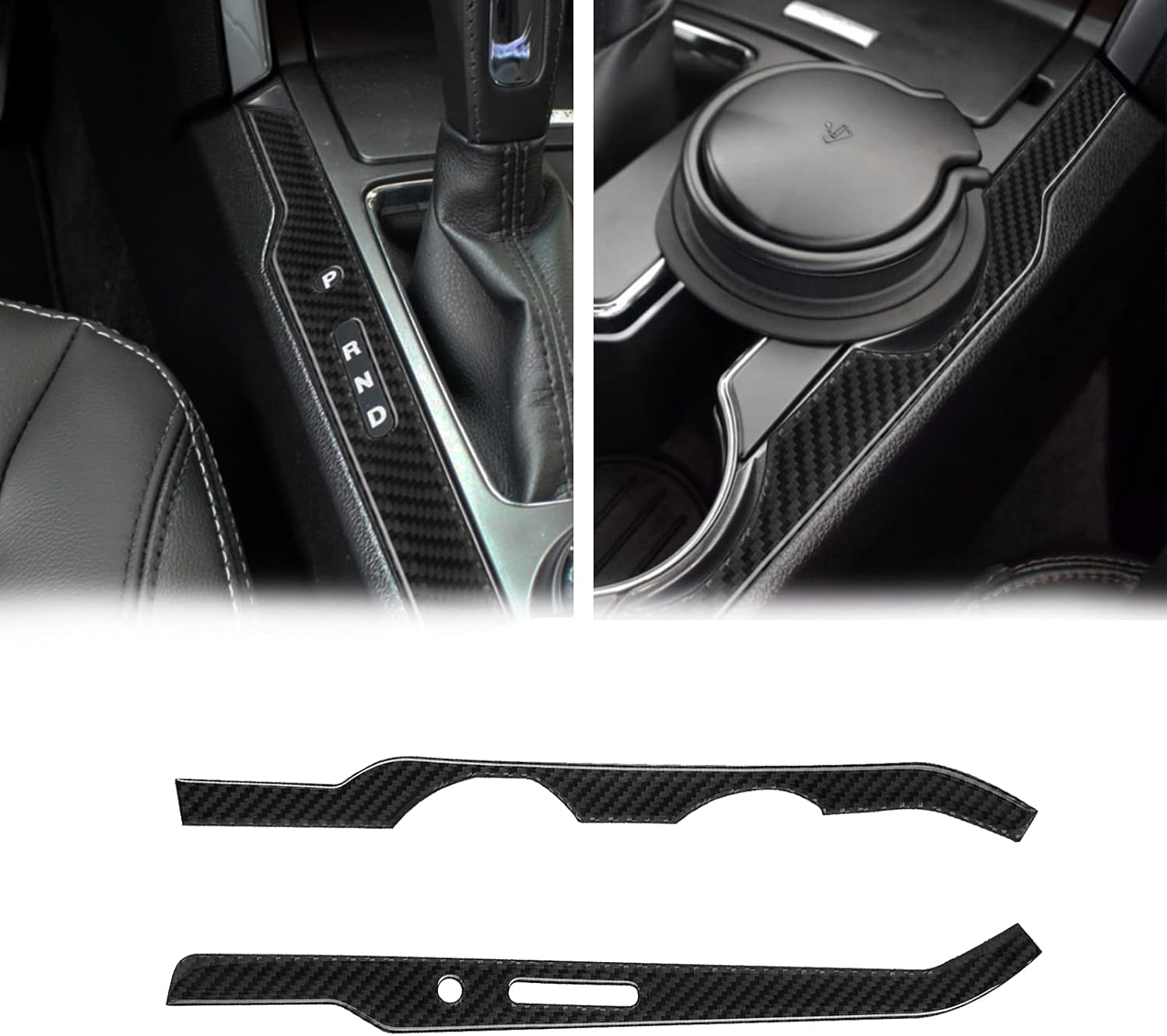 SUNJIKA Compatible with 2PCS Carbon Fiber Gear Box Shift Water Cup Holder Panel Side Strip Frame Cover Sticker Interior Accessories for Ford Explorer 2013 2014 2015 2016 2017 2018 (Black)