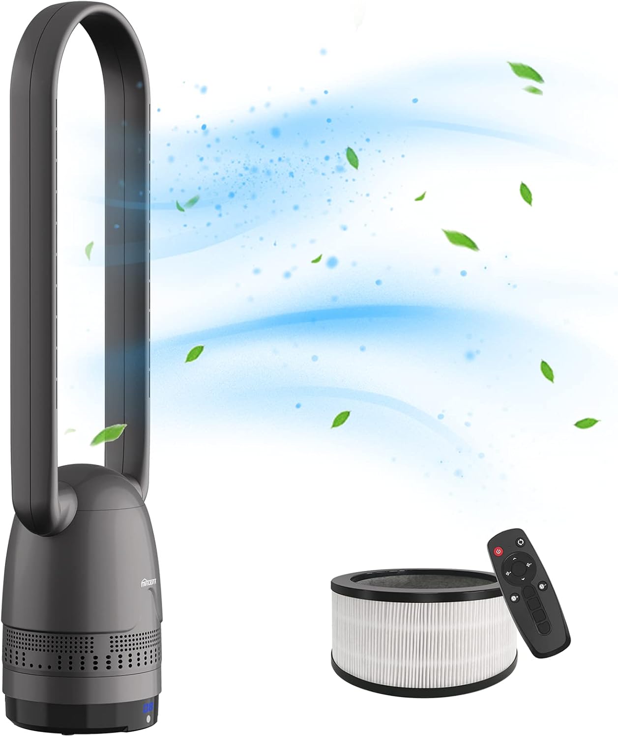 Mitcent Bladeless Fan and Air Purifier in One, H12 HEPA Filter Capture 99.95% 0f 0.3 Micron Particles, Tower Fan for Bedroom, Black