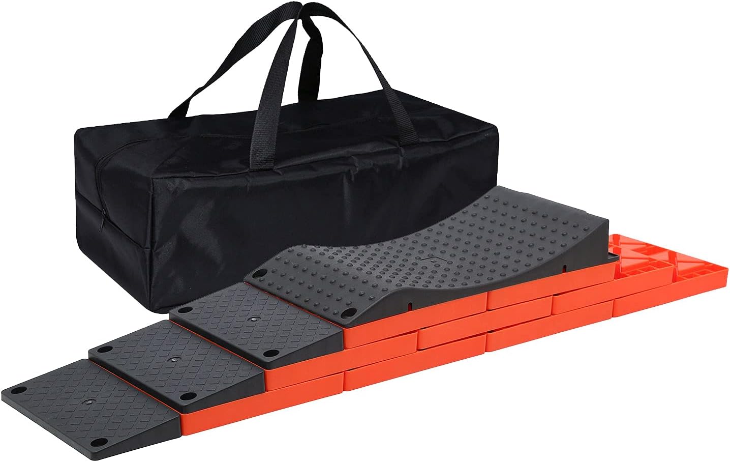 Homeon Wheels RV Leveling Blocks, Heavy Duty Camper Leveling Blocks and Chocks Anti-Slip Pads One Top Tire Saver Ramp, 3 Black Slanted Ramps, 9 Interlocking Leveling Blocks with Storage Bag (WH-203P)