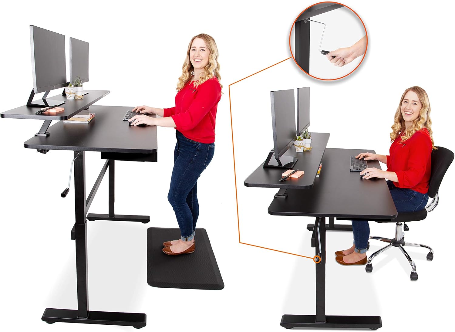 Stand Steady Tranzendesk 55 Inch Standing Desk with Clamp On Shelf & 2 Under Desk Drawers | Crank Height Adjustable Stand Up Workstation with Attachable Monitor Riser & Extra Storage (55 in/Black)