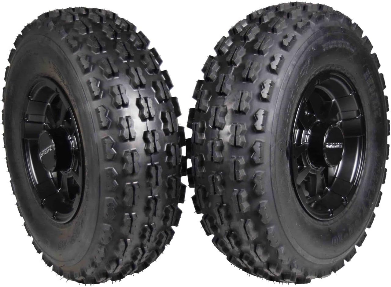 MASSFX 22x7-10 ATV Front Tire & 10x5 4/144 Black Wheel Kit fits Honda TRX, Kawasaki KFX, Suzuki Z250 & Arctic Cat DVX 22x7x10 (2 Pack)