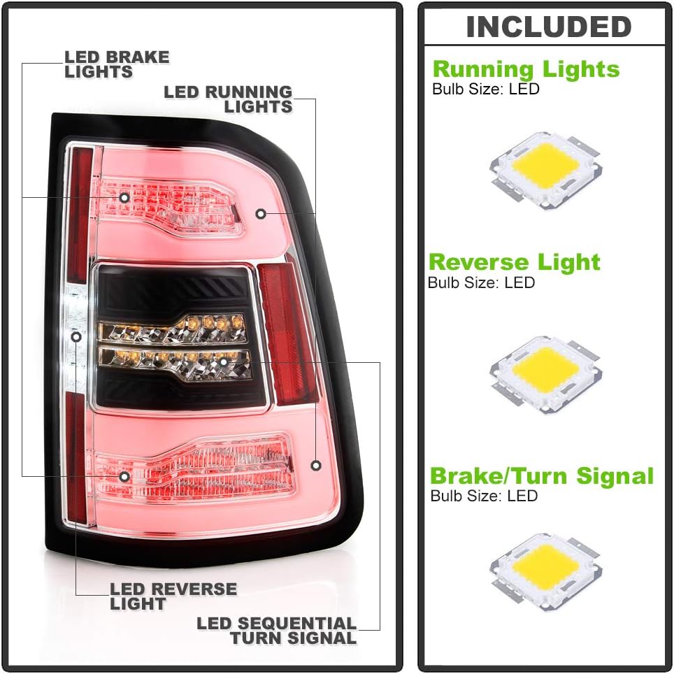 ACANII - For [Factory Incandescent Model] 2019-2021 Ram 1500 Chrome LED Tail Lights w/Sequential Signal Lamps Left+Right
