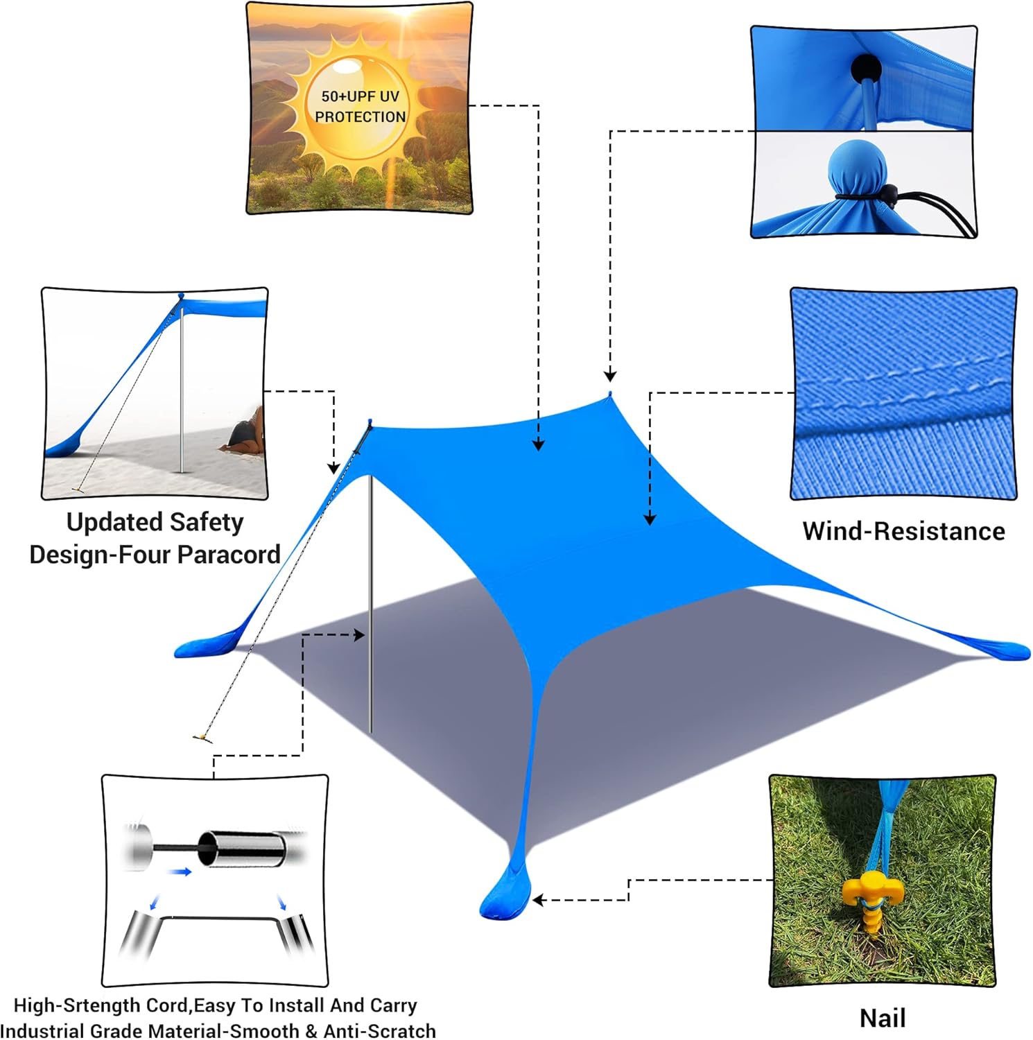 WGOS Beach Tent, Sun Shelter, Pop Up Portable Canopy Set, UPF 50+ Large Sunshade Space with Carry Bag, Aluminum Poles, Sands Shovel, and Pegs for Outdoor Camping (10x10 FT Blue)