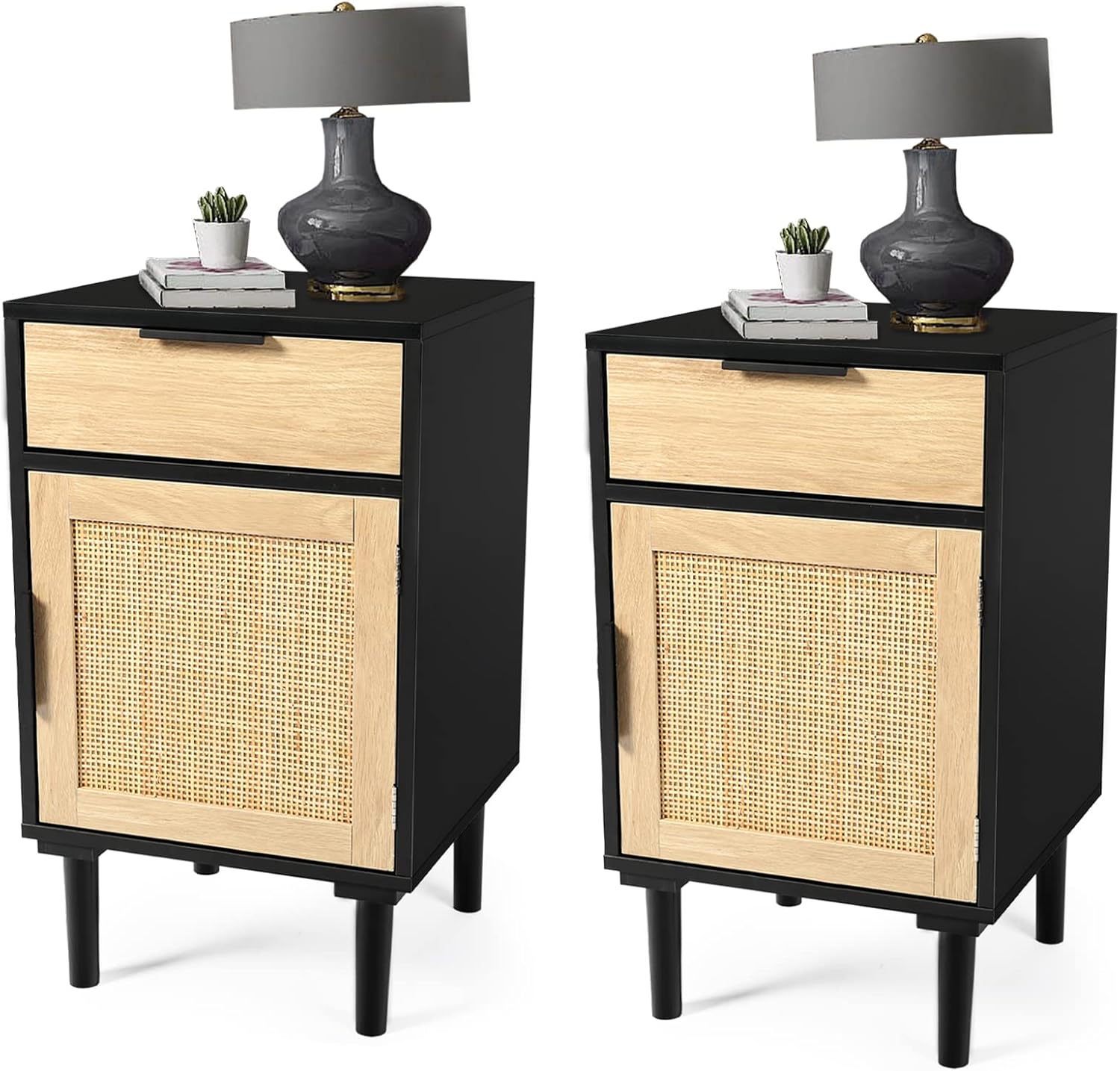 OKL Tall Nightstand Set of 2, Rattan End Table with Drawer and Decorated Doors, Side Table Solid Wood Accent Bedside Table with Storage for Living Room, Bedroom (Black)