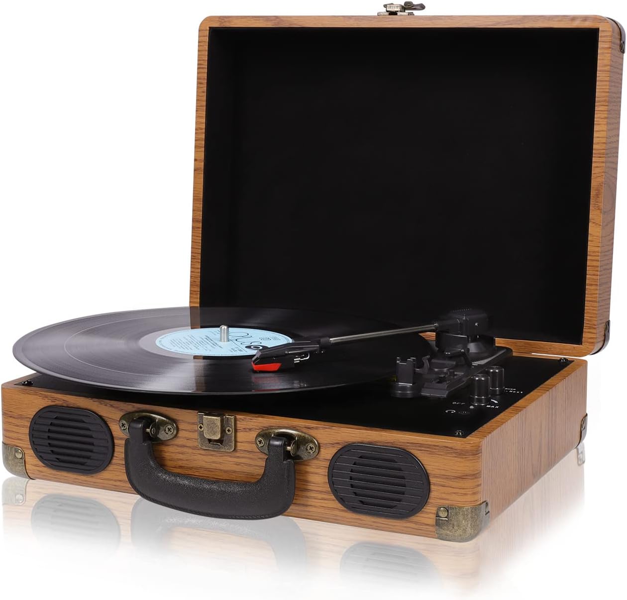 Record Player, Kakobor Vintage Turntable 3-Speed Bluetooth Record Player with Speaker, Portable LP Vinyl Player, RCA Jack, Natural Wood Pack of 2