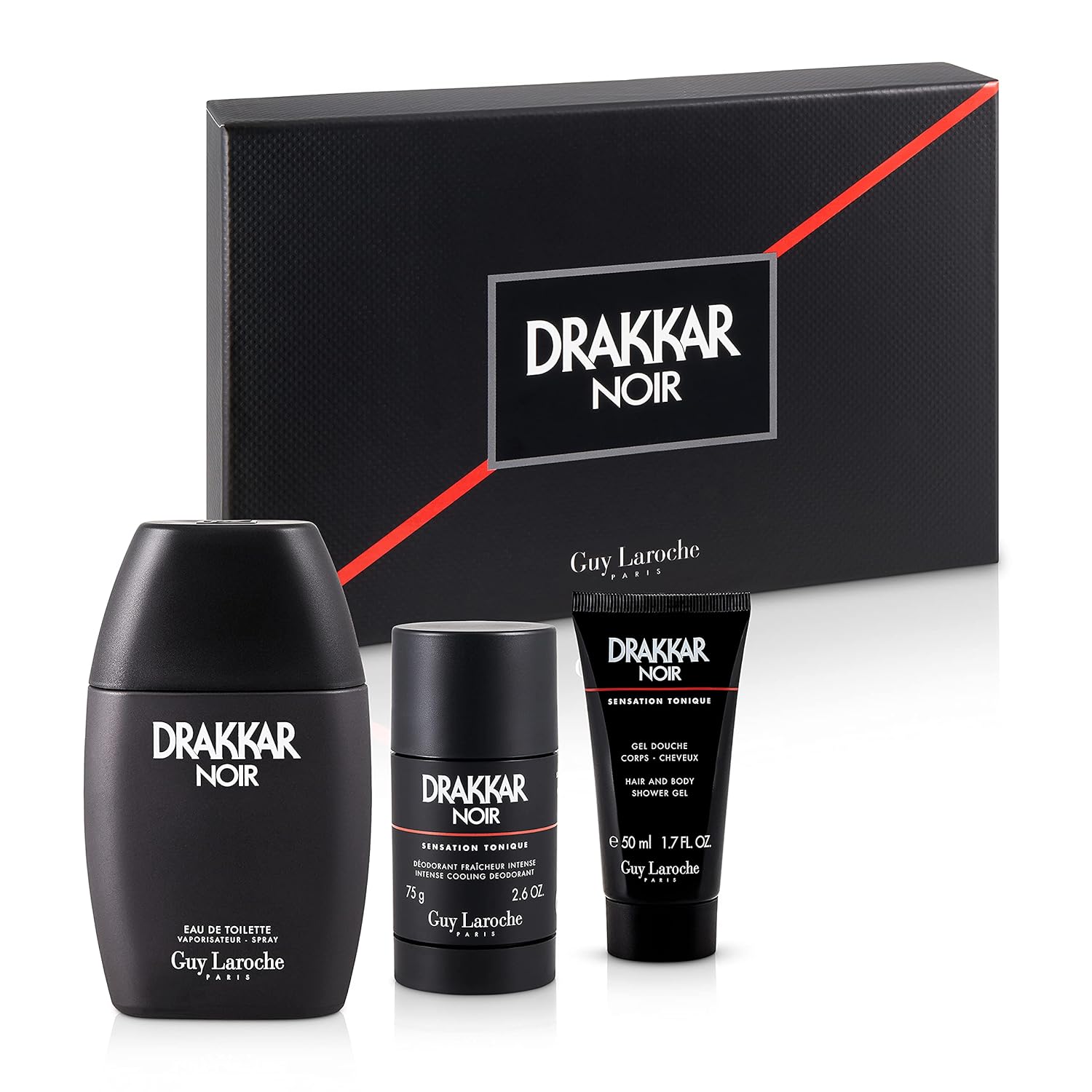 Drakkar Noir by Guy Laroche 3-Piece Gift Set for Men - With Notes of Lavender, Lemon, Mandarin, Cedar, Vetiver - Includes 3.4 oz EDT Fragrance Spray, 2.6 oz Deodorant Stick, and 1.7 oz Shower Gel Pack of 2