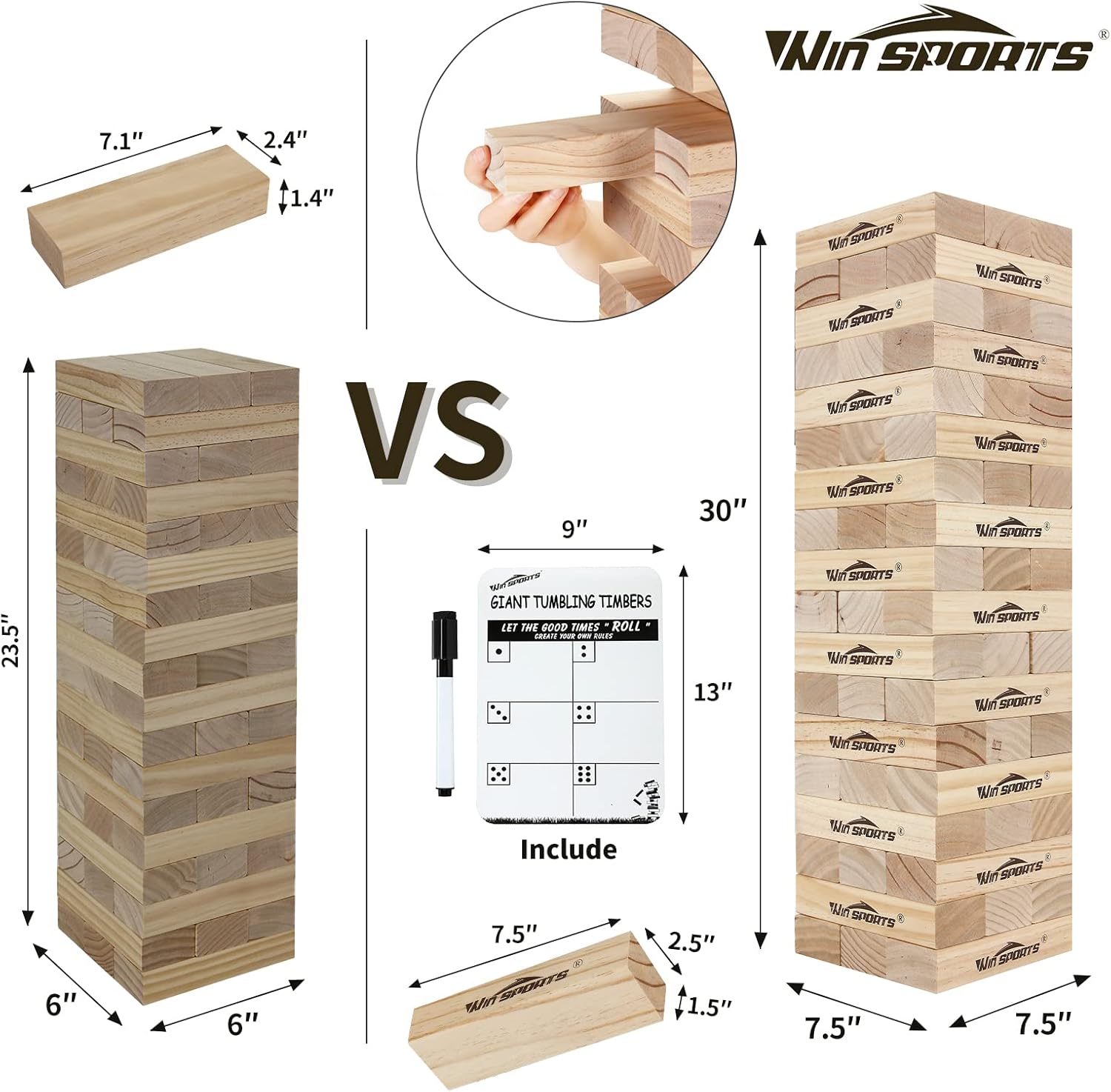 Win SPORTS Giant Tumbling Timbers - Yard Games Large Wooden Tumble Tower Wood Blocks Stacking Yard Game, with 1 Dice Set &Stacks to Over 5 FT,Made from Premium Pine (7.5