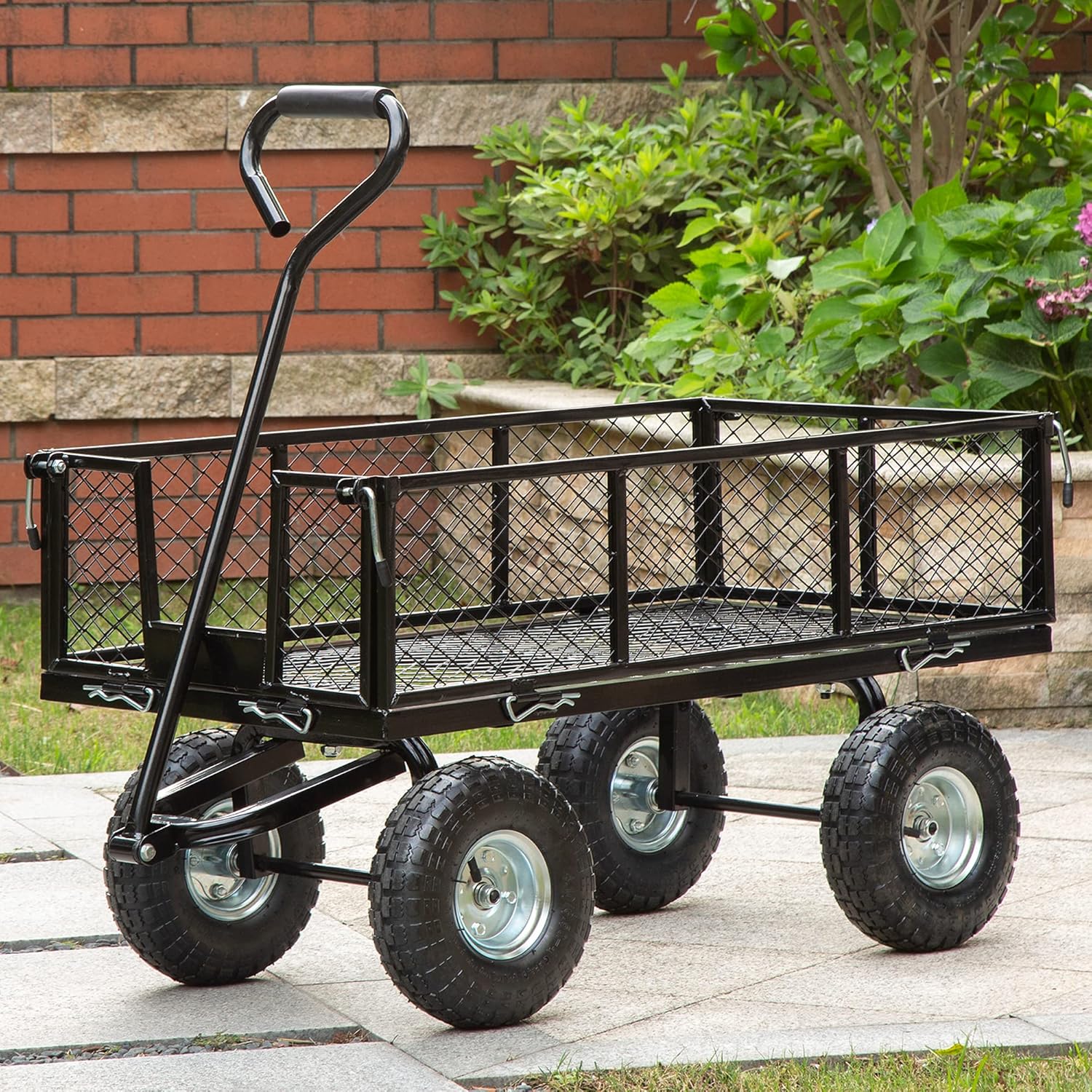 Glitzhome Heavy Duty Mesh Steel Utility Garden Cart with Removable Sides, 42.5