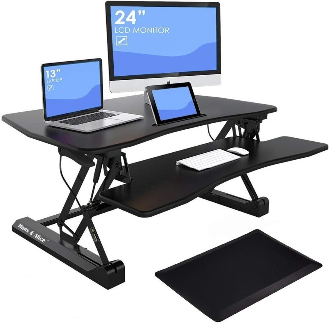 Height Adjustable Standing Desk Converter with Anti-Fatigue Floor Mat, 36 inch Sit to Stand Tabletop Dual Monitor Riser with Keyboard Tray, Black