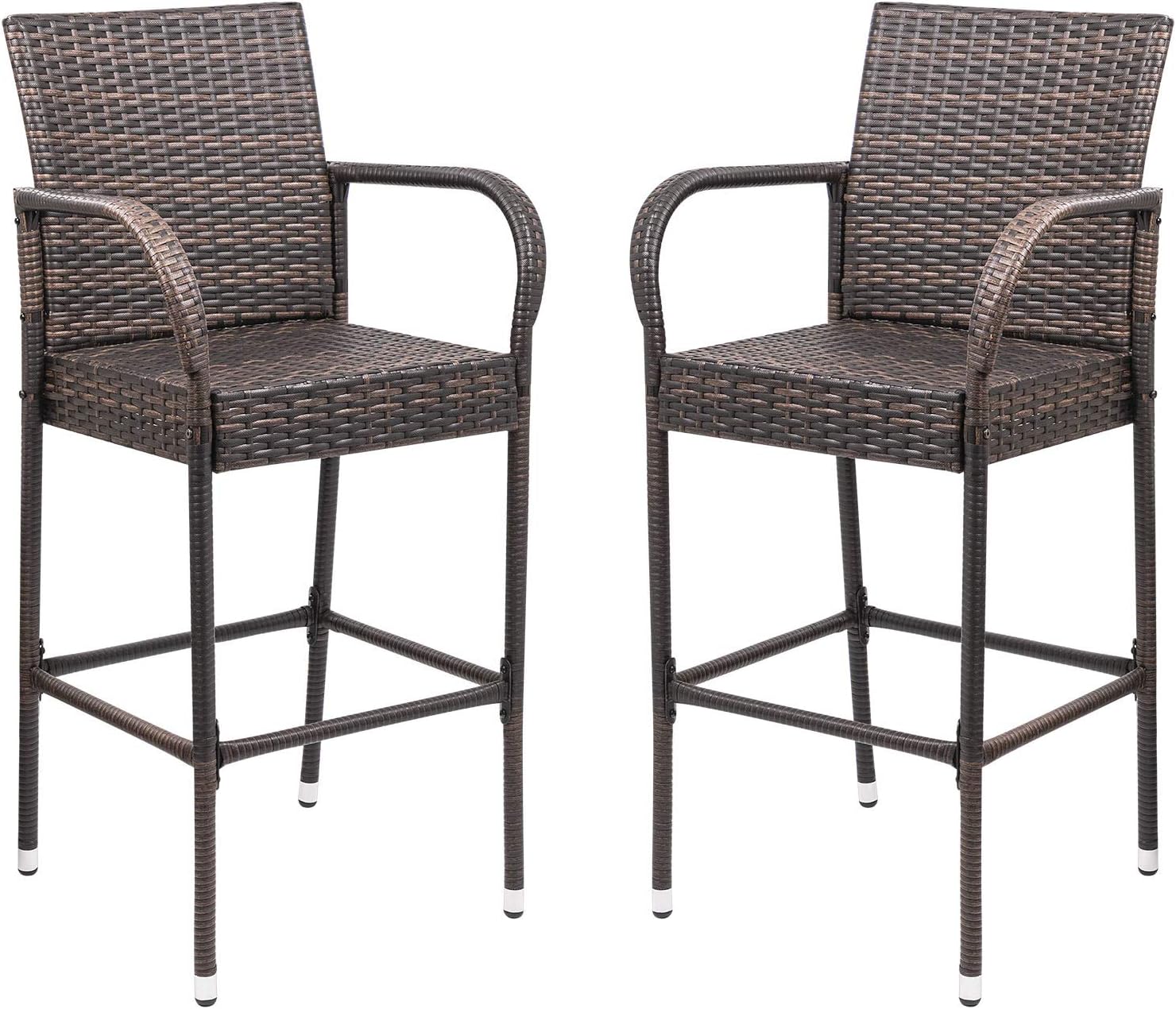 Homall Patio Bar Stools Wicker Barstools Indoor Outdoor Bar Stool Patio Furniture with Footrest and Armrest for Garden Pool Lawn Backyard Set of 2 (Brown)