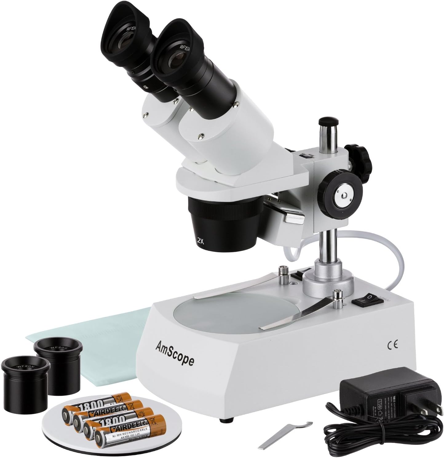 AmScope SE306R-PZ-LED Forward-Mounted Binocular Stereo Microscope, WF10x and WF20x Eyepieces, 20X/40X/80X Magnification, 2X and 4X Objectives, Upper and Lower LED Lighting, Reversible Black/White Stage Plate, Pillar Stand, 120V or Battery-Powered