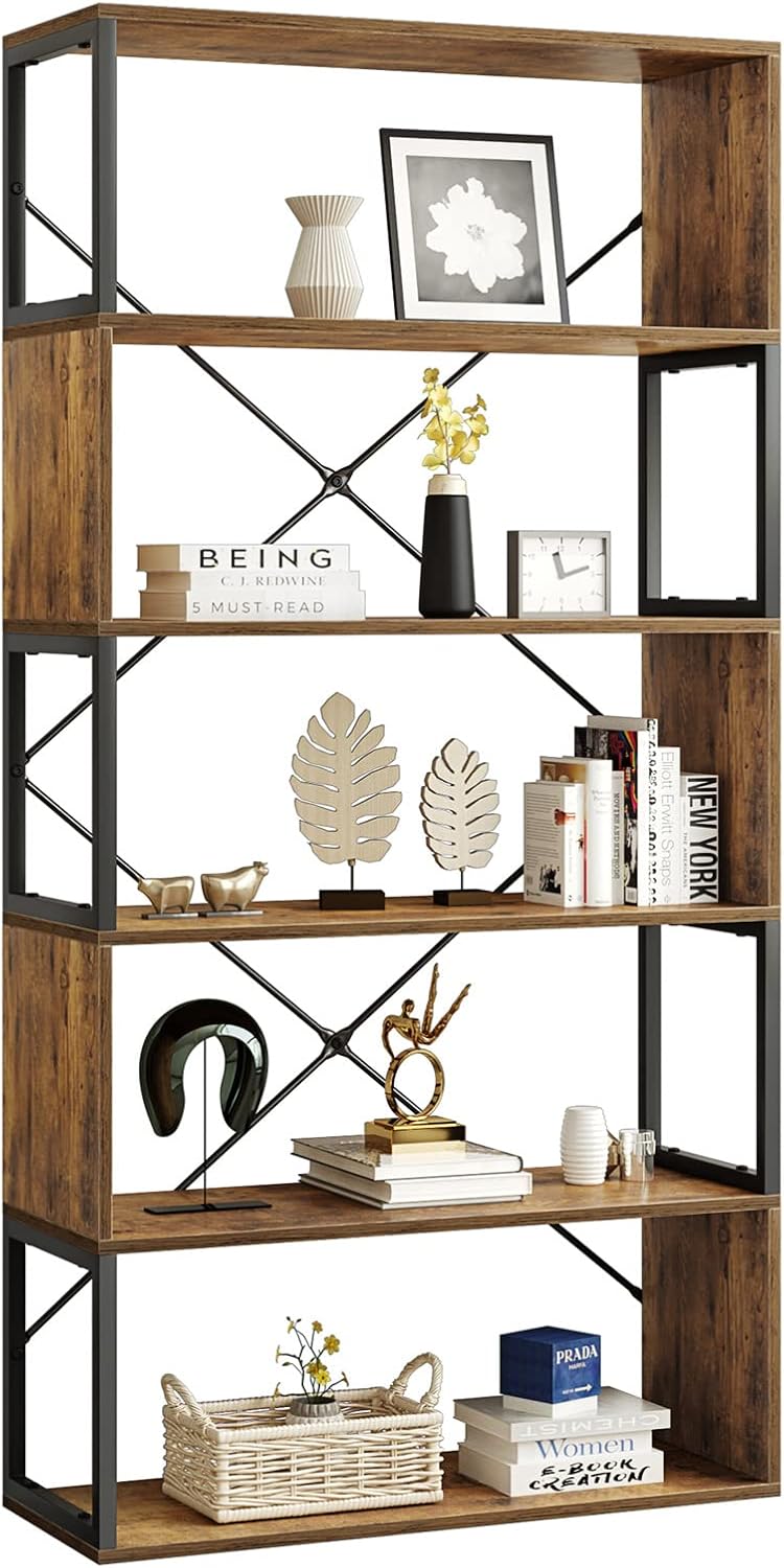 YITAHOME 5-Tier Bookshelf, Freestanding 6 Shelf Bookcases and Bookshelves, Industrial Vintage Furniture Display Book Shelf Storage Rack for Living Room Bedroom Home Office, Rustic Brown