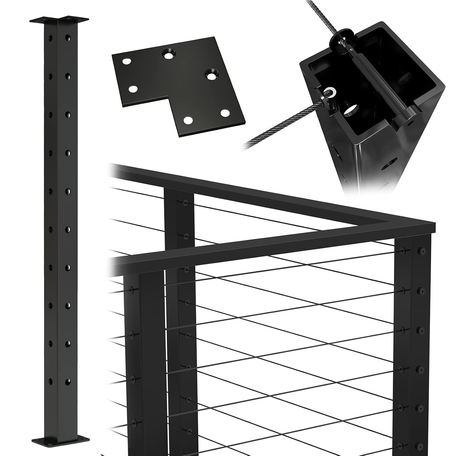 Muzata Corner Post Cable Railing Post Black Flat Top Square T-Corner Three Side Pre-drilled 36''x2''x2'' for Wood Concrete Surface Mount Deck Balustrade PS02 B34S, PT1 PT2 PT6