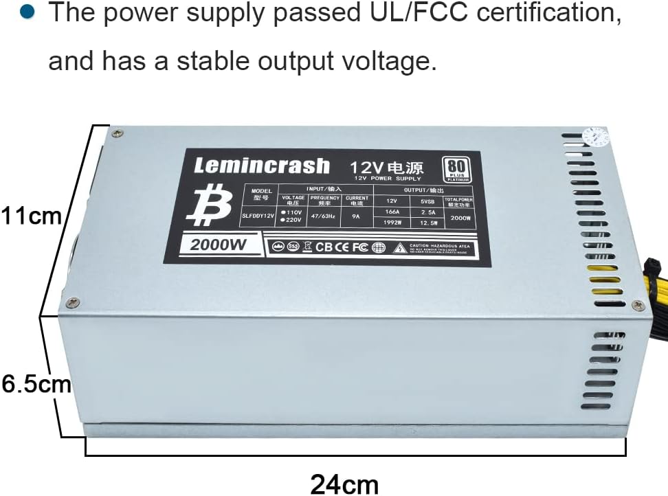 12V 166A AC110-240V 10x6pin 2000W PSU,for Bitmain Antminer S9 S7 L3 BTC LTC ETH Mining Power Supply