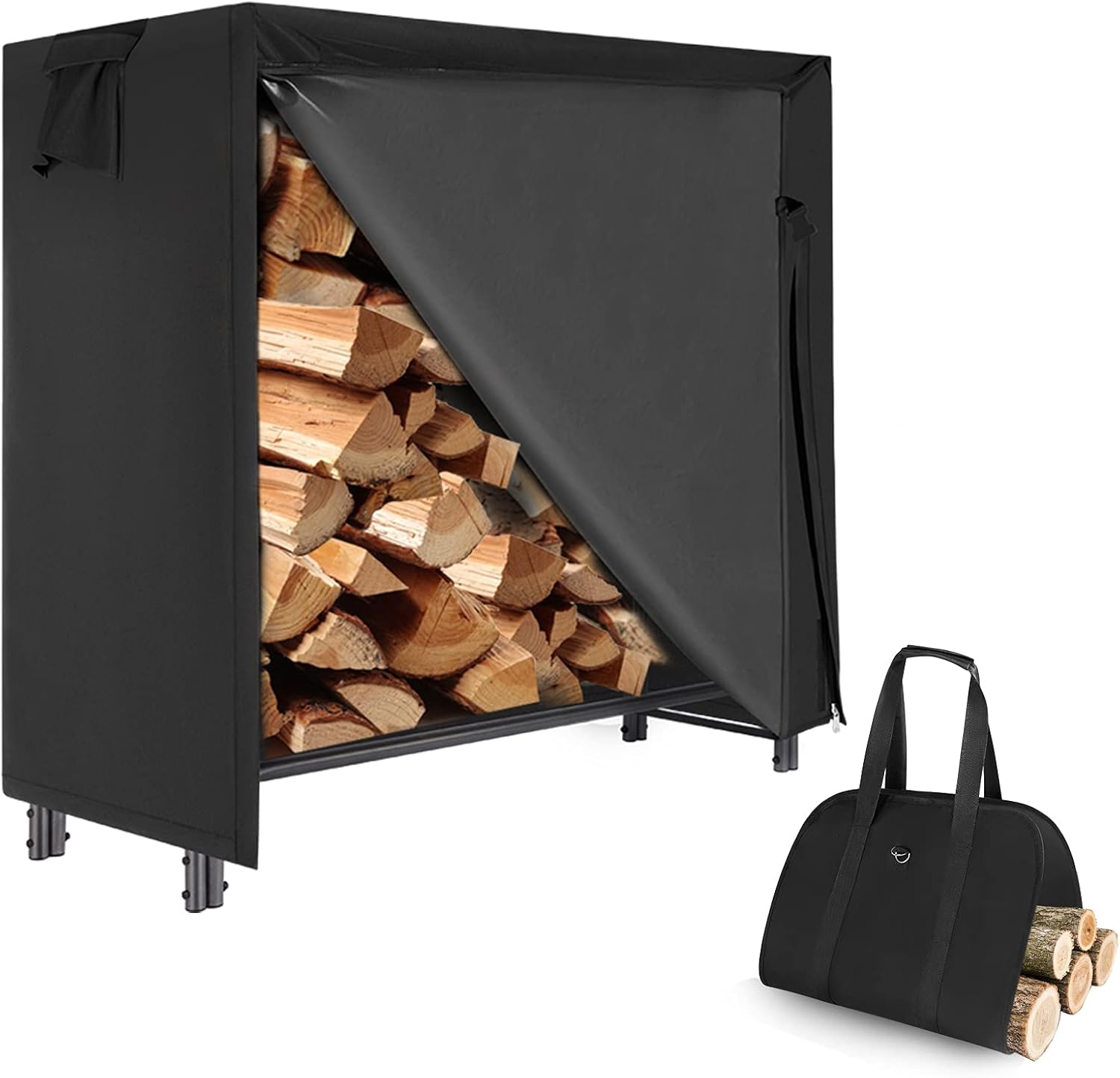 4 Ft Firewood Rack Outdoor with Cover and Tote Bag Combo, Waterproof Wood Rack for Firewood Storage Heavy Duty Log Holders for Inside Fireplace, Black