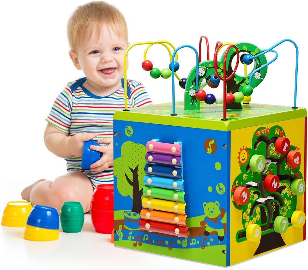 Costzon Wooden Activity Play Cube, 7 Sided Activity Center w/ Rotating Base, Bead Mazes, Shape Sorter, Musical Note Xylophone, Digital & Fruit Patterns, Kids Learning Puzzle Toy for Toddlers (7 in 1)