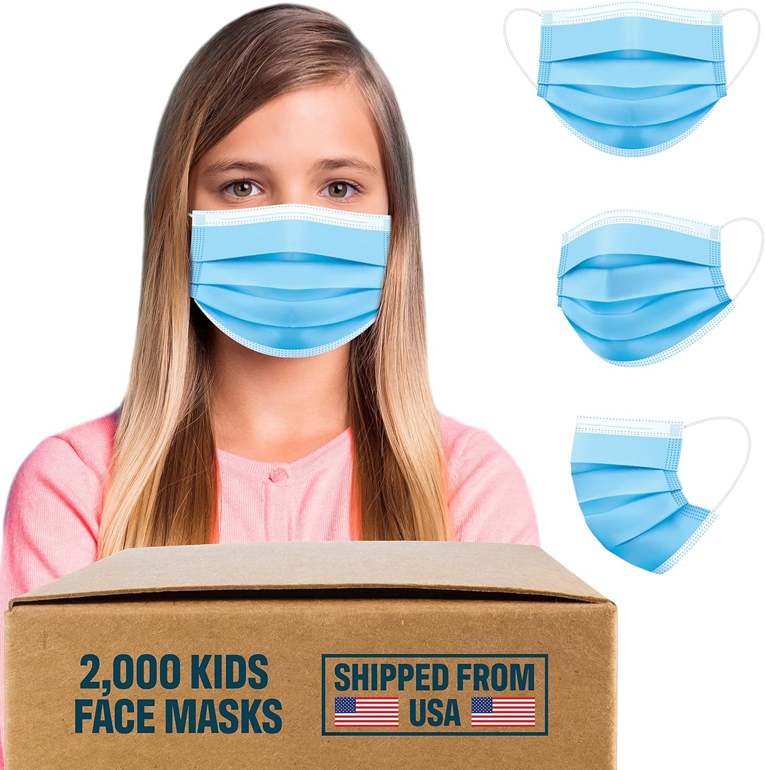 2000 Kids Disposable Face Masks, Bulk Face masks (40 Boxes, 50pcs/Box), Non Woven Thick 3-Layers Breathable Facial Masks with Adjustable