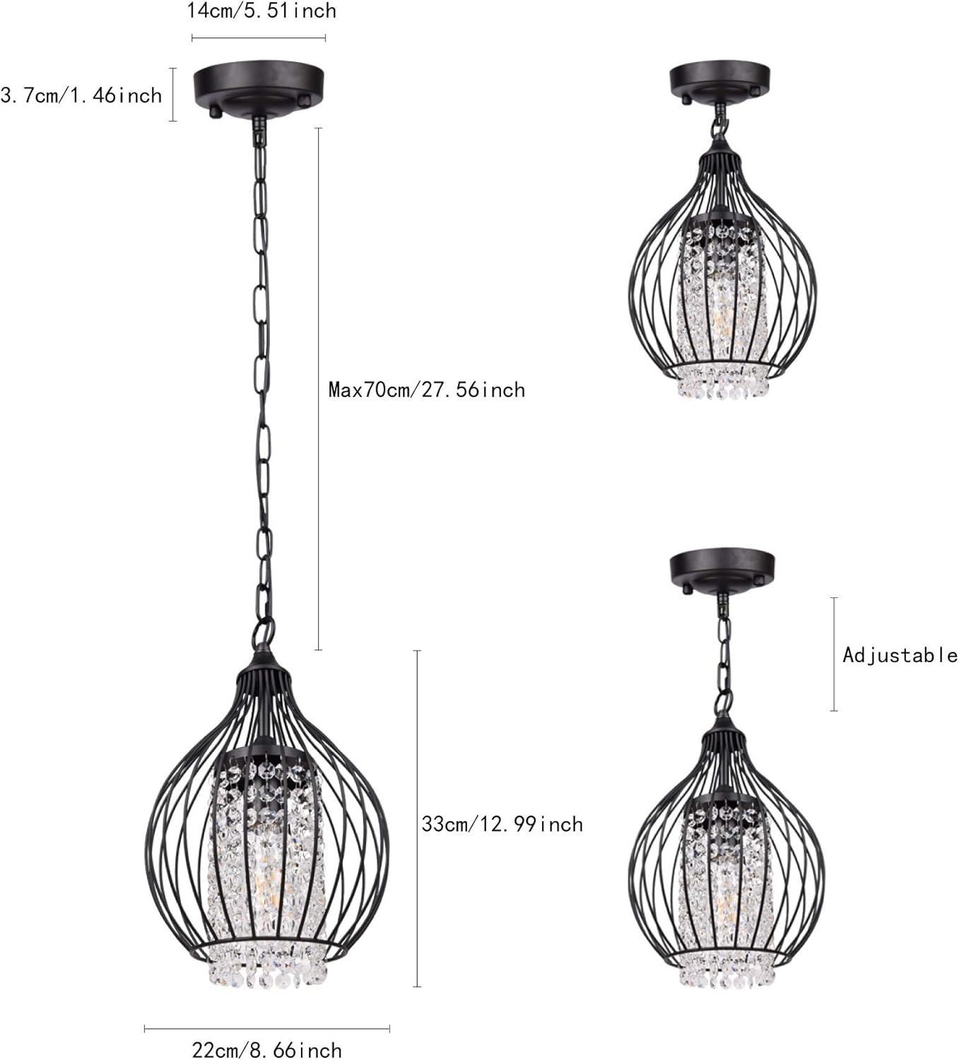 Black Modern Sparkling Crystal Chandelier Mini Farmhouse Chandelier with Black Wire Cage Light Fixture Adjustable Island Pendant Light for Kitchen Living & Dining Room Entryway 1 Pack