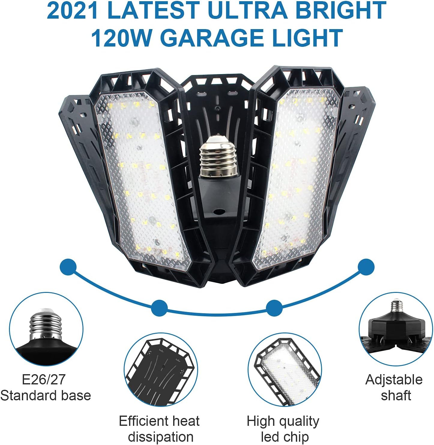 2 Pack Led Garage Lights,120W 6500K Garage Lights with 5 Adjustable Panels Deformable LED Garage Ceiling Lights E26/E27 Screw Base LED Shop Lights for Garage, Barn, Workshop, Warehouse