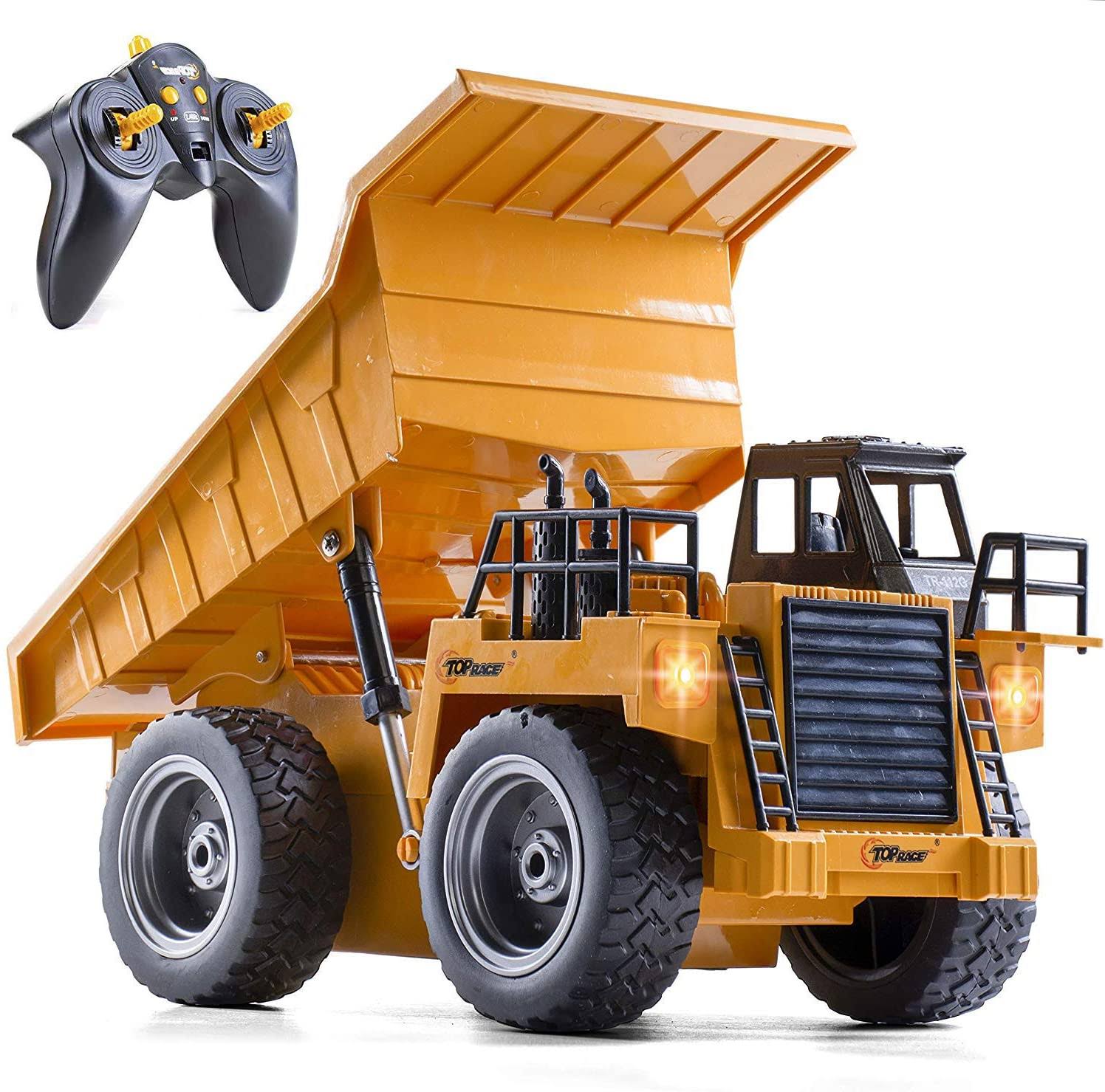 Top Race 6 Channel Full Functional Dump Truck, RC Remote Control Construction Dump Truck with Lights TR-112G