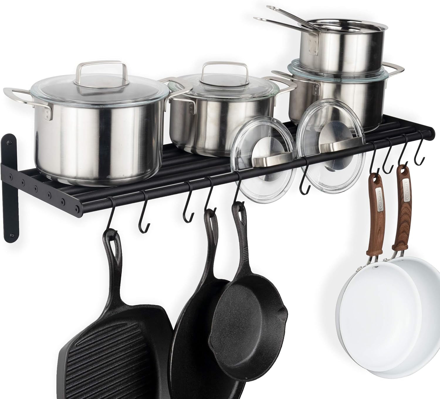 Wallniture Lyon Kitchen Organization and Storage Rack, Stainless Steel Metal Wall Shelf with 10 S Hooks for Hanging Pots and Pans, Chrome Pack of 2