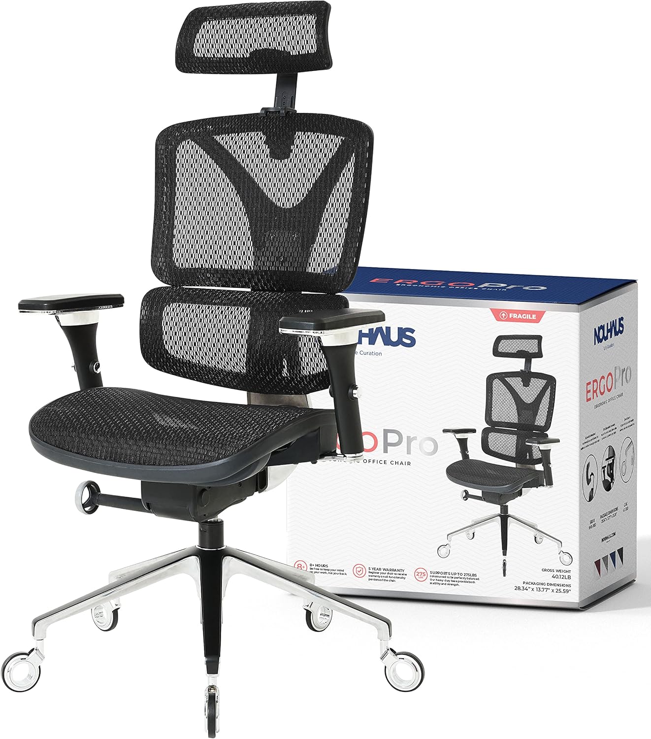 Nouhaus ErgoPRO Ergonomic Office Chair with Back Support, Computer Chair and Dorm Chair for Study. Rolling Chair with Nouhaus PROWheels, 360 Degree Swivel Chair, Mesh Office Chair. (Silver)