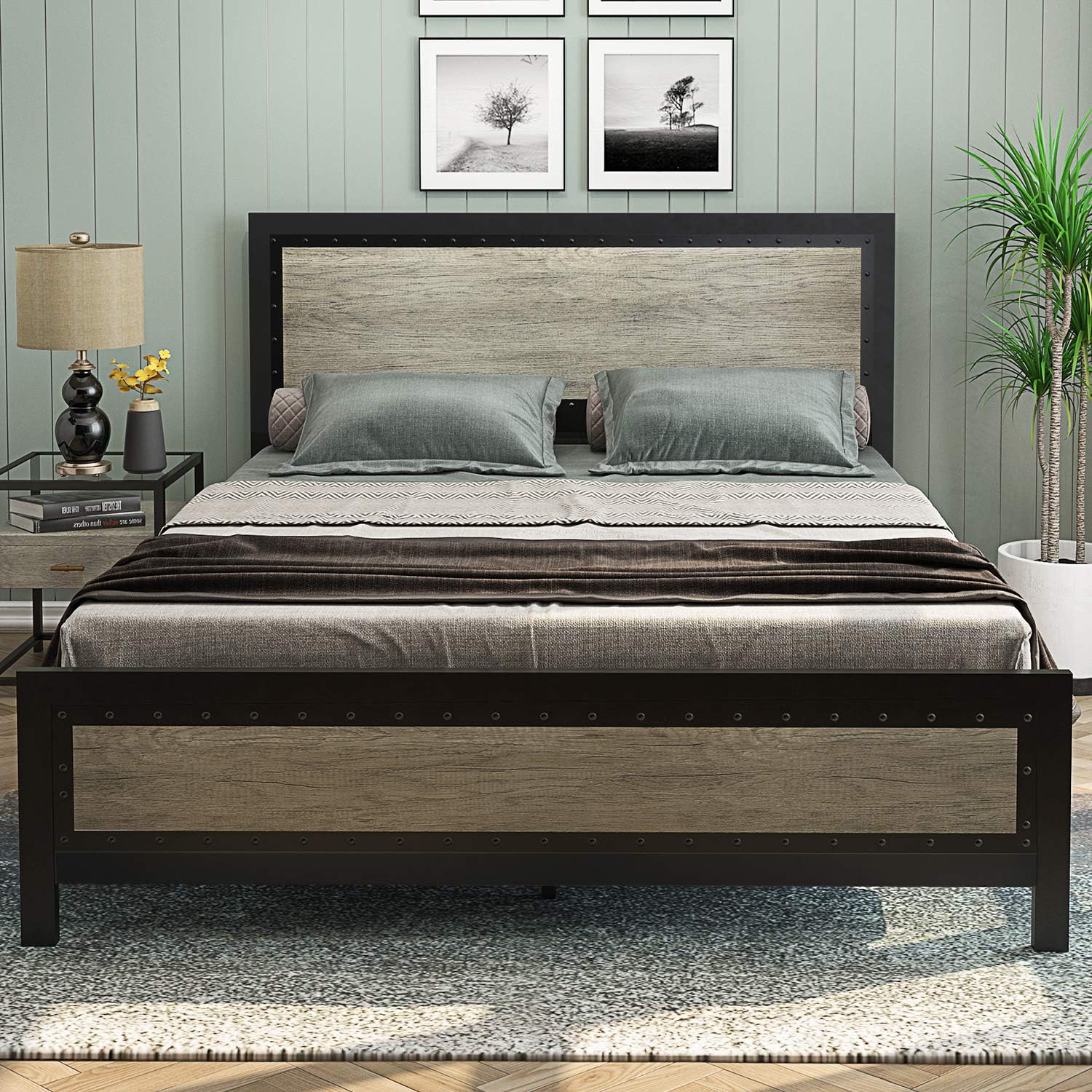 ADORNEVE Full Bed Frame, Metal Bed Frame with Headboard/Platform Bed Frame with Rivet Decoration &13 Strong Metal Slats Support /Noise Free/Easy Assembly /Black-Brown