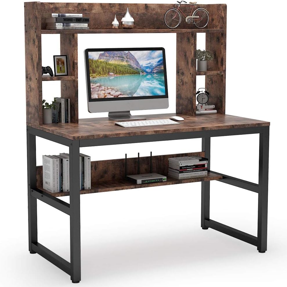 Computer Desk with Hutch, 47 Inch Modern Writing Desk with Storage Shelves, Office Desk Study Table Gaming Desk Workstation for Home Office, Vintage + Black Legs