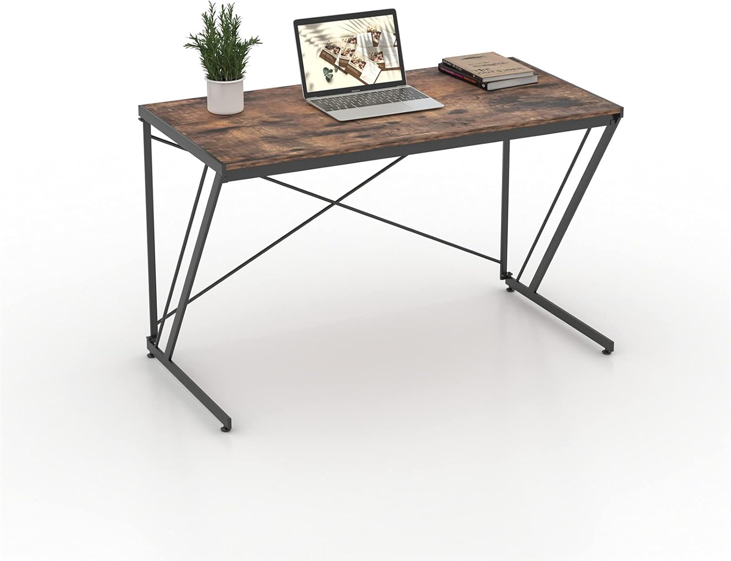 YEAR COLOR Folding Computer Writing Desk Sturdy Simple Portable PC Desk Modern Industrial Work Laptop Table, Z-Shaped Student Study Desk for Home Office Wood and Metal Table (Vintage Brown, 38.6 inch) Pack of 2