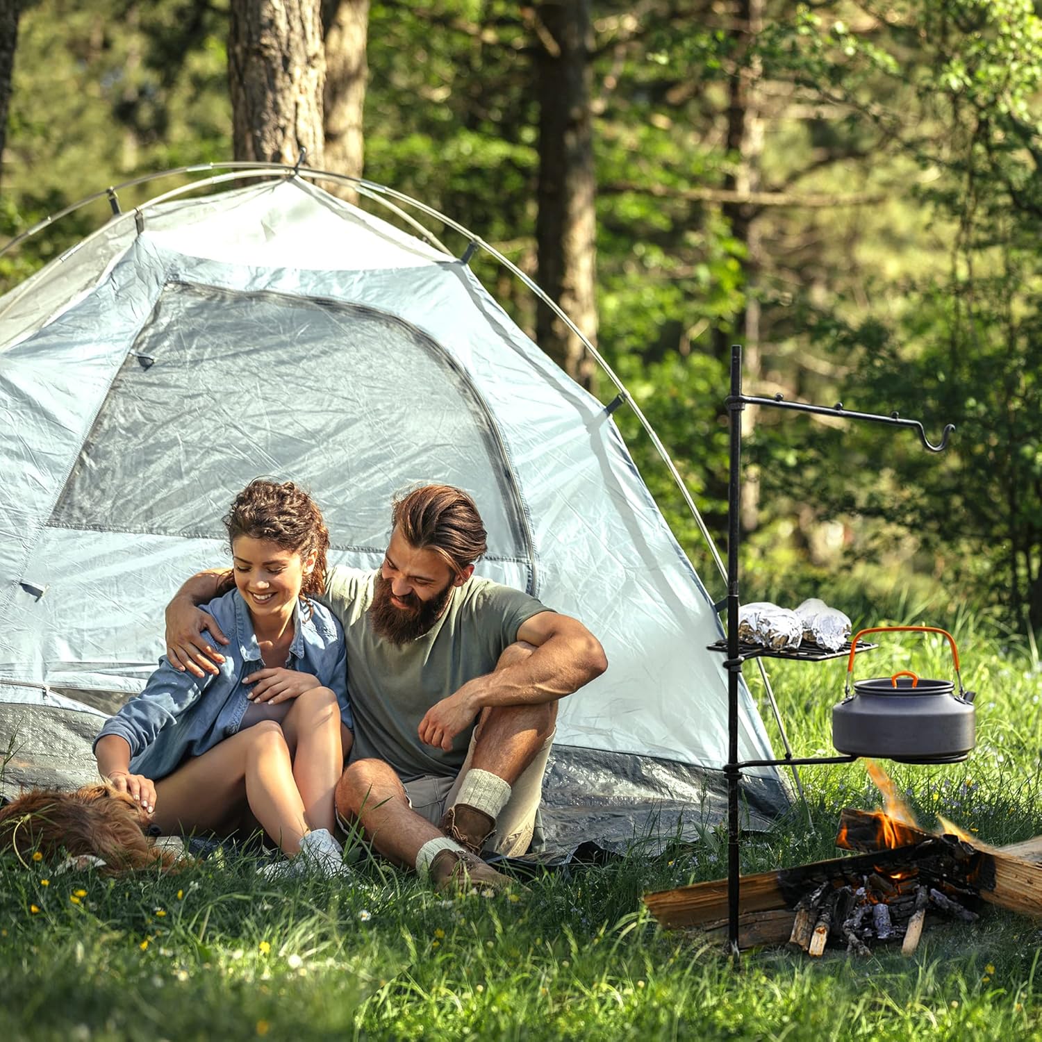 Campfire Grill Grate Stand - Portable Camping Grill Cooking Grate Set for Outdoor Over Fire BBQ, Packable Swivel Bushcraft Fire Pit Barbecue Grill