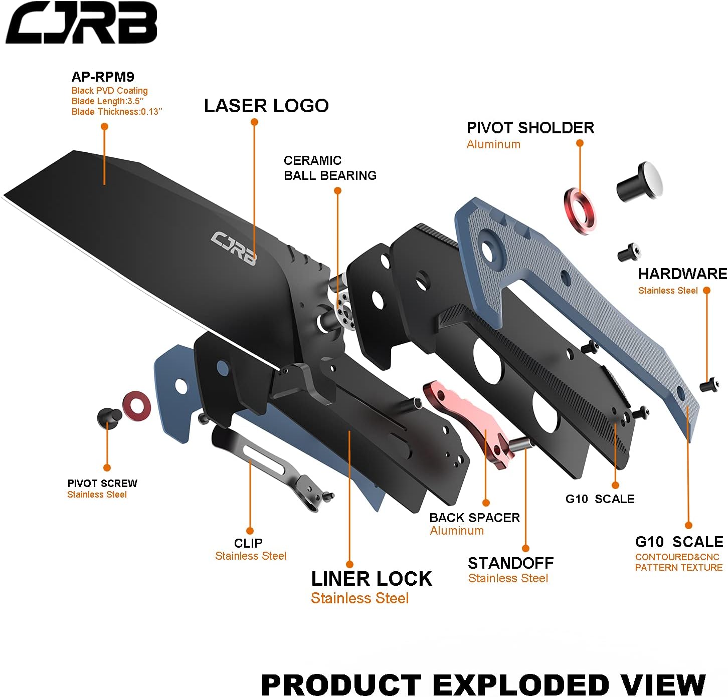 CJRB CUTLERY Tactical Knife Tigris (J1919) AR-RPM9 Powder Steel Black PVD Blade Black&Blue G10 Handle Pocket Knife Folding Knife EDC Knife
