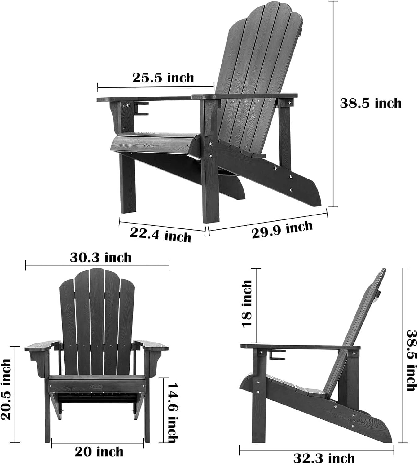 Adirondack Chair, Hard Plastic Weather Resistant Adirondack Chair with Cup Holder, Comfortable Easy to Assemble and Maintain, Outdoor Chair for Patio, Backyard Deck, Fire Pit & Lawn Porch (Black)