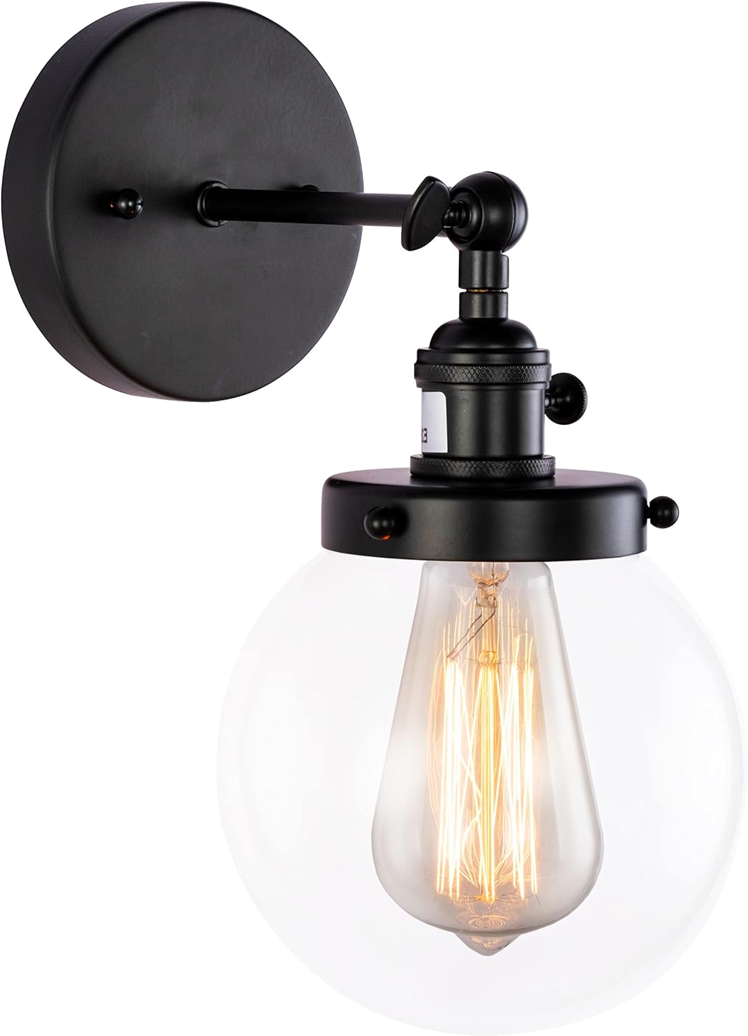 LOCLGPM Industrial Adjustable Angle Globe Matte Black Wall Sconce, Cute Clear Glass Wall Lamp Mount Light Fixture for Bathroom Bedroom Living Room