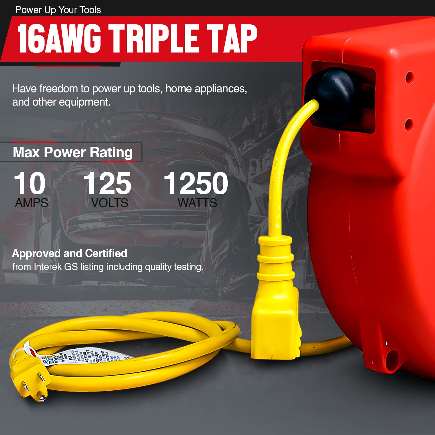 Reelworks Extension Cord Reel Retractable Polypropylene Heavy Duty Industrial 33 FT 16AWG 3C SJT Commercial Premium Grade Ultra Flexible Cable (S3) Triple Tap Connector Perfect for Indoor/Outdoor Use