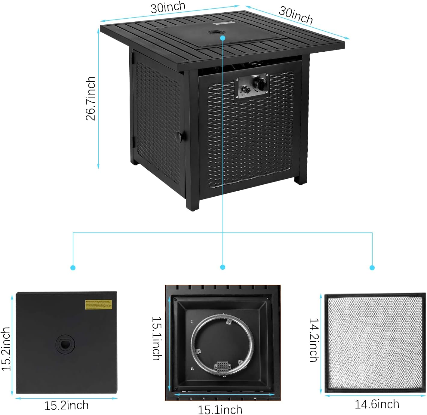 Outdoor Propane Firepit Table, 30Inch, 50,000 BTU Auto-Ignition Square Fireplace with Waterproof Table Cover, Lid and Lava Stone, CSA, for Patio and Garden