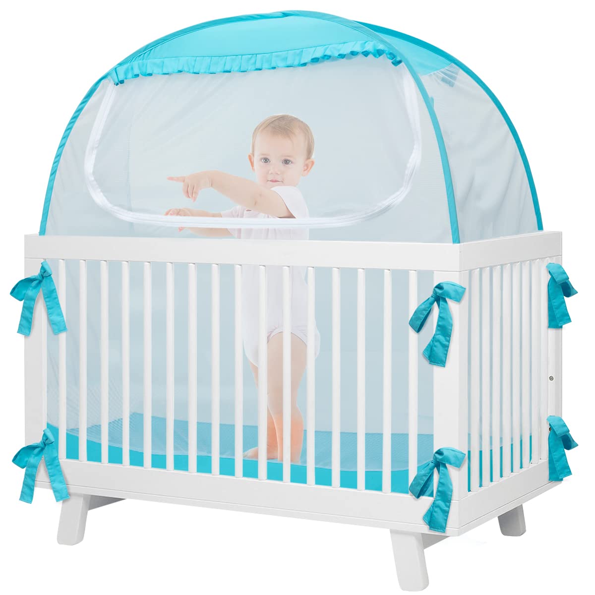 L RUNNZER Baby Crib Tent, Pop Up Crib Canopy to Keep Baby from Climbing Out, Safety Crib Net Mosquitoes Net with See-Through Mesh, Fits Most Standard Cribs Pack of 2