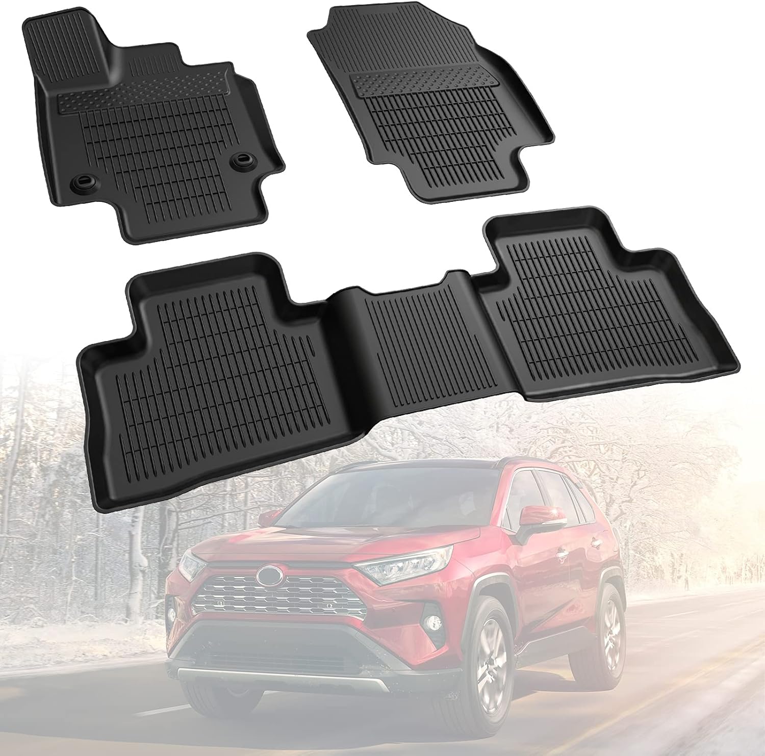 Floor Mat Liner Compatible with 2019 2020 2021 2022 RAV4(Include Hybrid Models), Medesasi TPE Rubber All-Weather Guard Heavy Duty OEM Front & 2nd Seat Floor Mats Liners, Black