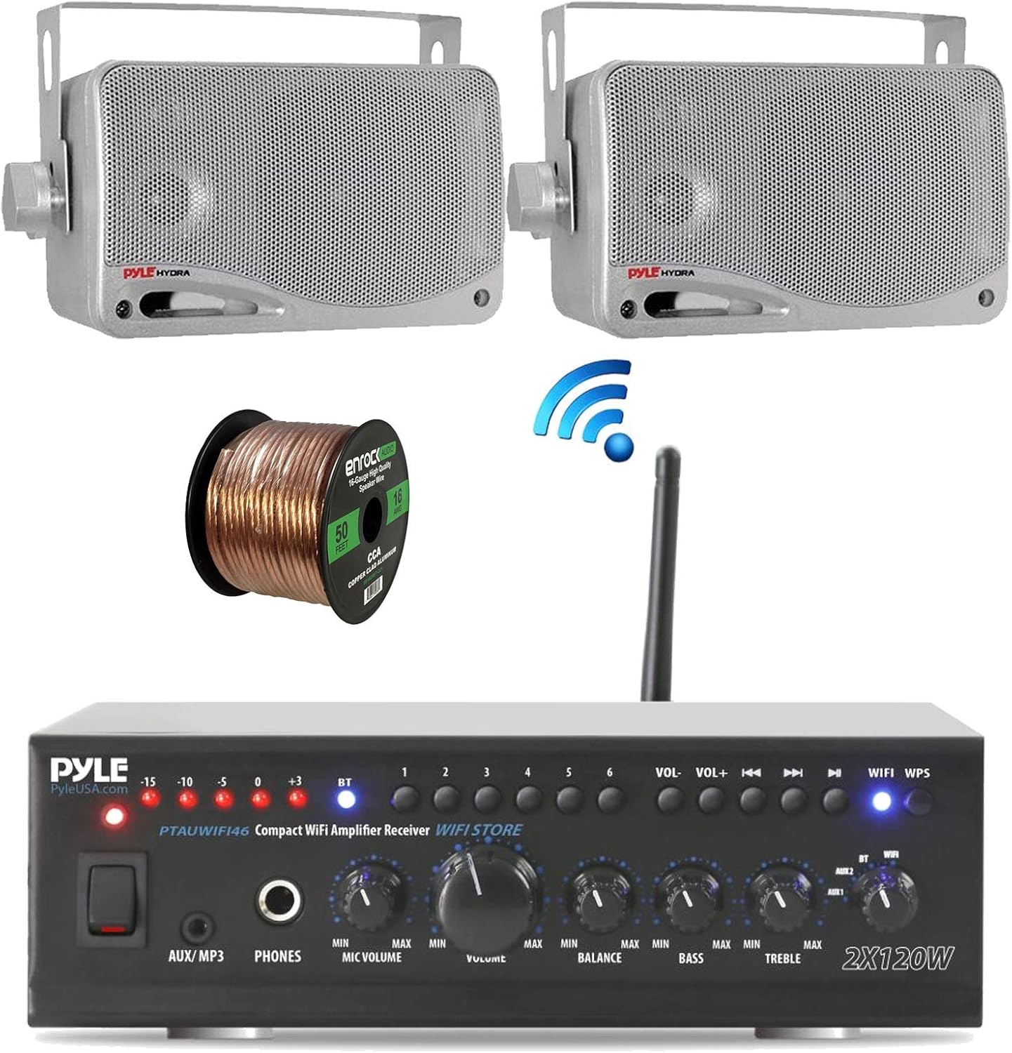 Pyle Home PTAUWIFI46 WiFi Bluetooth Theater Audio Component Amplifier Receiver, Enrock Audio Spool of 100 Foot 16-Gauge Speaker Wire (No Speakers), Black, PTAUWIFI46-EB16G100FT-CCA
