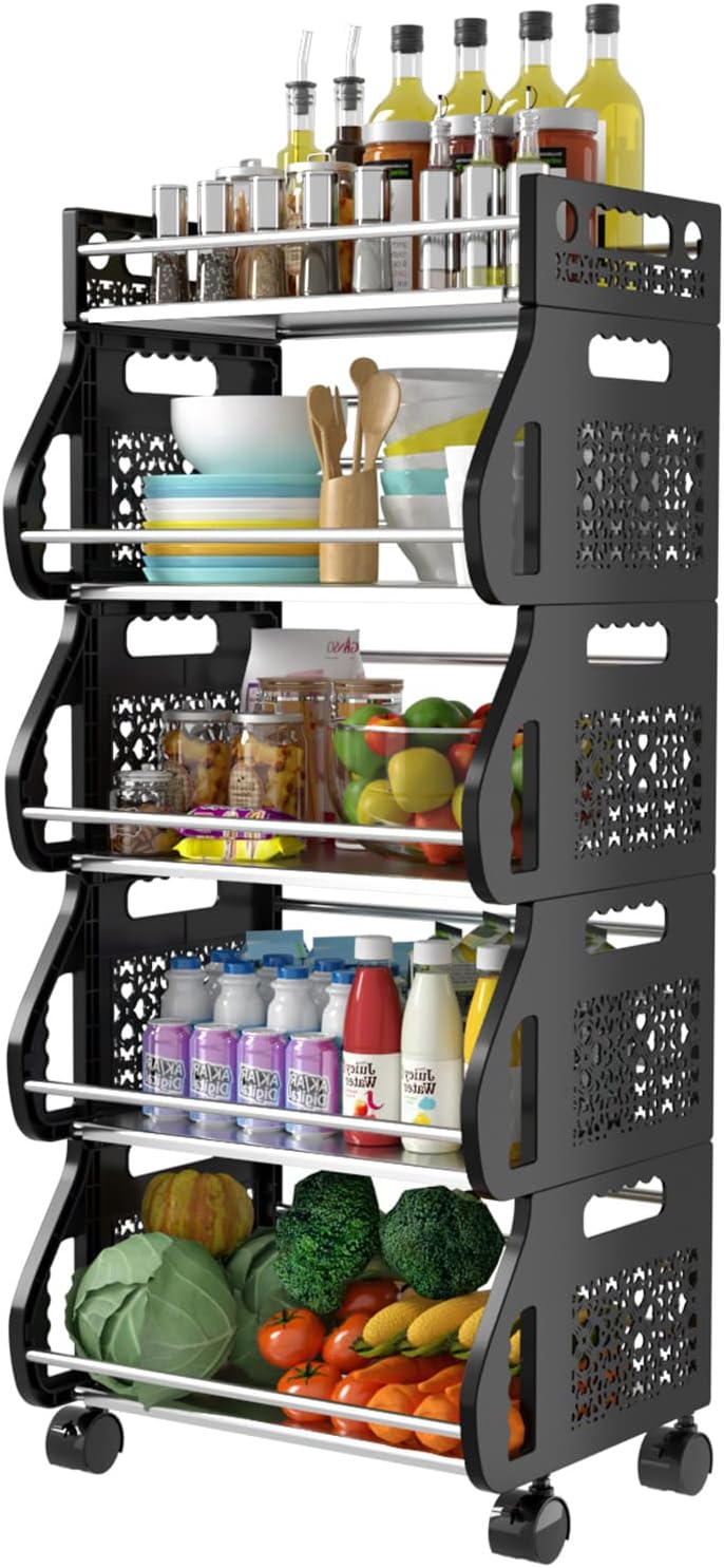 Kitchen Storage Cart, DUSASA 5-Tier Rolling Stackable Multifunction Basket Utility Cart Rack Stainless Storage Organizer Cart for Kitchen, Pantry Closet, Bedroom, Bathroom, Laundry (5-Tier)