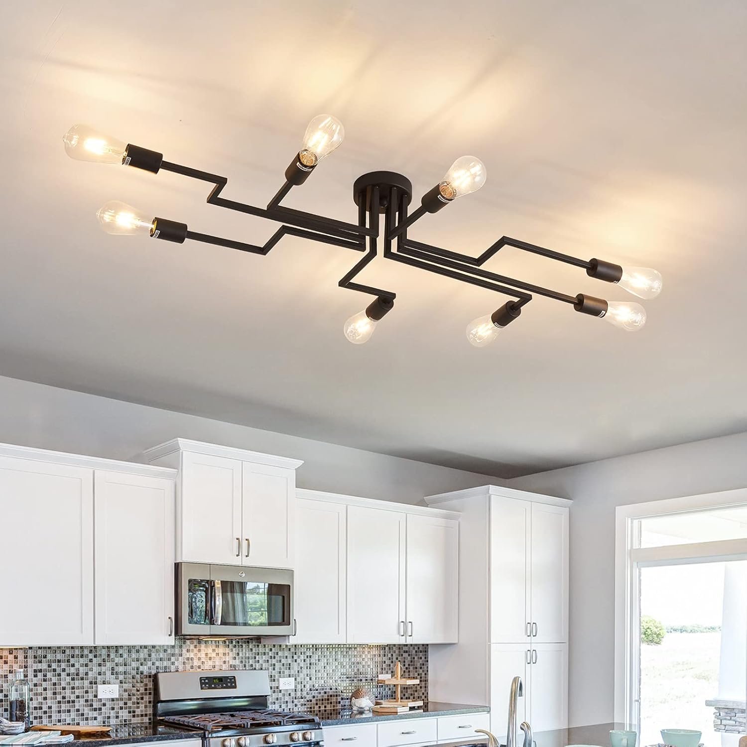 Black 8-Light Ceiling Light , Modern Semi Flush Mount Ceiling Light Fixture,Metal Chandelier for Farmhouse Dining Room Living Room Bedroom Kitchen.