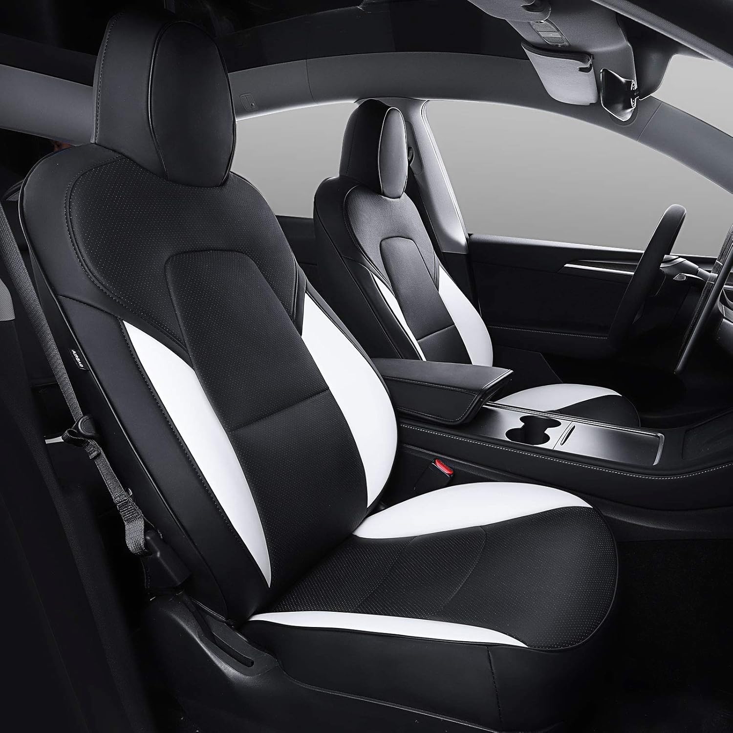 Xipoo Fit Tesla Model 3 Car Seat Cover PU Leather Cover All Season Protection for Tesla Model 3 2017 2018 2019 2020 2021 2022(Black+White-PU, Model 3(11 Pcs))