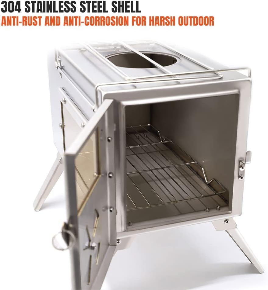 Fitinhot Wood Tent Stove, Portable Outdoor Camping Wood Burning Stoves Stainless Steel with Chimney Pipes for Cookout, Hiking, Travel, Backpacking Trips (Silver)