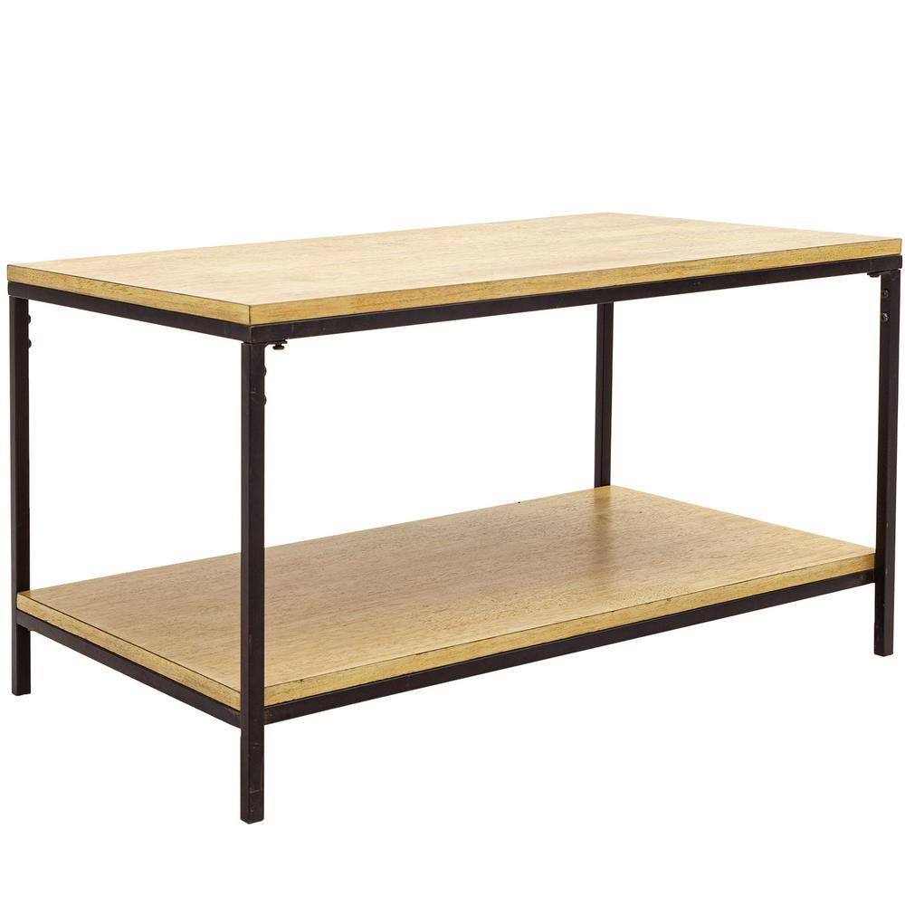 Xuanjia Rustic Rectangle Coffee Table with Storage Shelf, Industrial Accent Furniture for Living Room, Oak Color