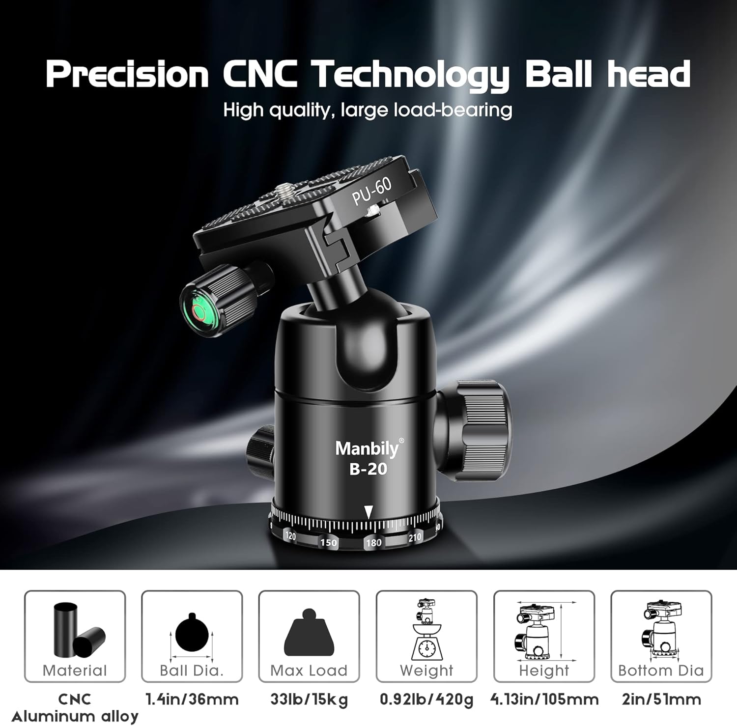 Manbily Professional Tripod Ball Head,Super Long Lens Does Not Easy Nod or Sag,Rotate 360 Degrees,Quick Release Plate and Level Gauge,CNC Metal Aluminum,for DSLR,Camcorder,monopod,Up to 33lbs/15kg Pack of 2