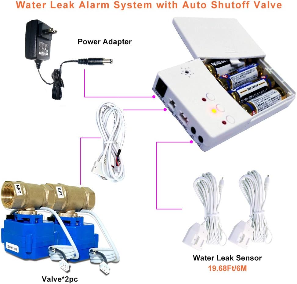 E-SDS Automatic Water Leak Shut Off Valve System,Water Leak Detector with 2 Valves,2 Sensors and Sounds Alarm,for Pipes 3/4 NPT,Flood Prevention for Laundry Washing Machines,Water Heaters and More